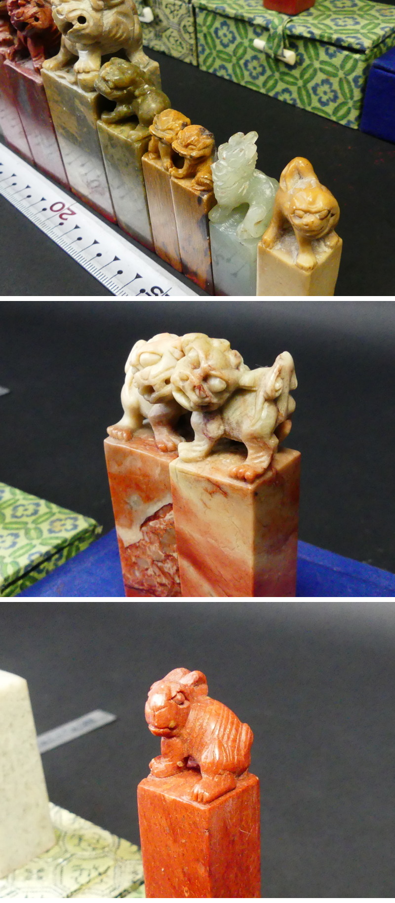 w196 篆刻 古印材 彫刻 刻印 側款 寿山石 凍石 印石 一対 兎 獅子 鈕付